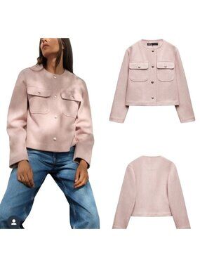 Zara Light Pink Wool-Blend Cropped Women's XS Jacket With Gold Button Closure